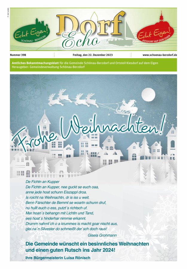 Dorfecho Amtliches Bekanntmachungsblatt für die Gemeinde Schönau-Berzdorf und OT Titelblatt 398/2023