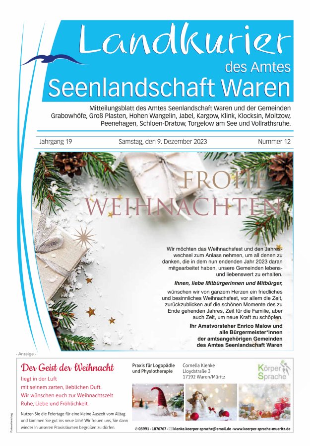 Landkurier des Amtes Seenlandschaft Waren Titelblatt 12/2023