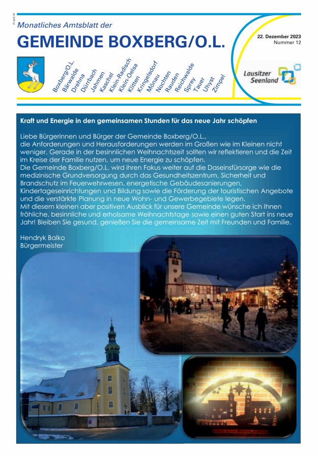 Monatliches Amtsblatt der Gemeinde Boxberg/O.L. Titelblatt 12/2023