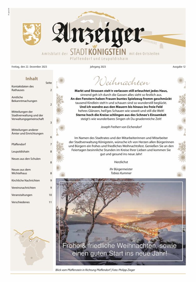 Amtsblatt der Stadt Königstein Titelblatt 12/2023