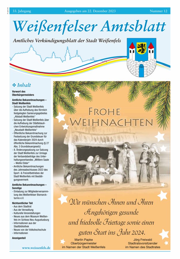 Weißenfelser Amtsblatt – Amtliches Verkündungsblatt der Stadt Weißenfels Titelblatt 12/2023