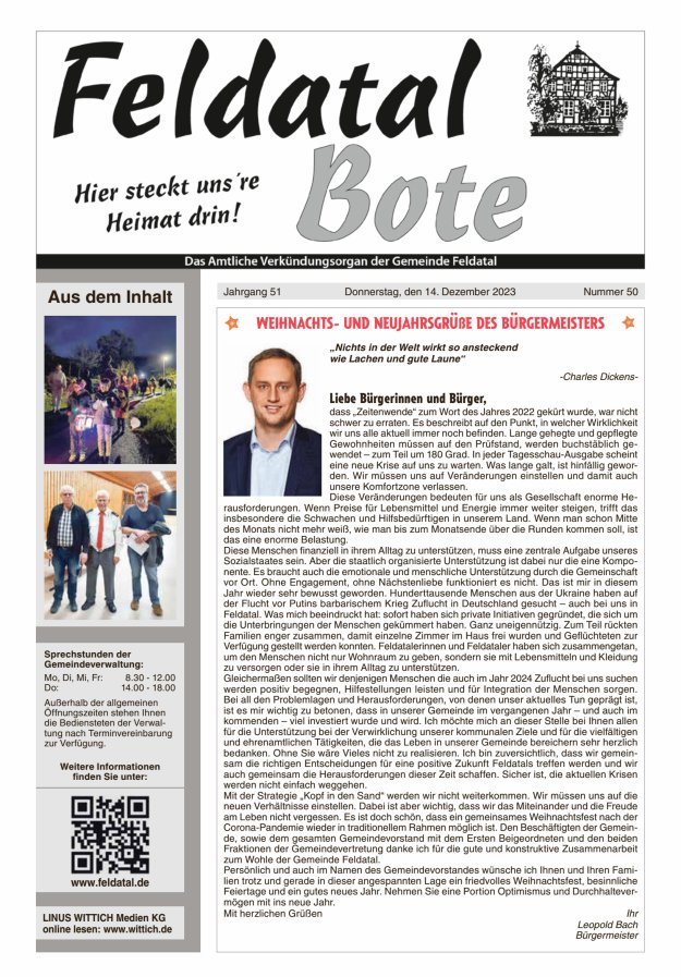 Das Amtliche Verkündungsorgan der Gemeinde Feldatal Titelblatt 50/2023