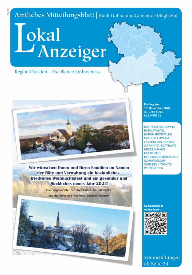 Lokal-Anzeiger – Amtliches Mitteilungsblatt Stadt Dohna und Gemeinde Müglitztal Titelblatt 13/2023