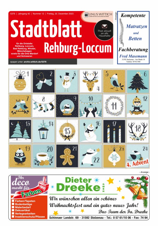 Stadtblatt Rehburg-Loccum Titelblatt 12/2023