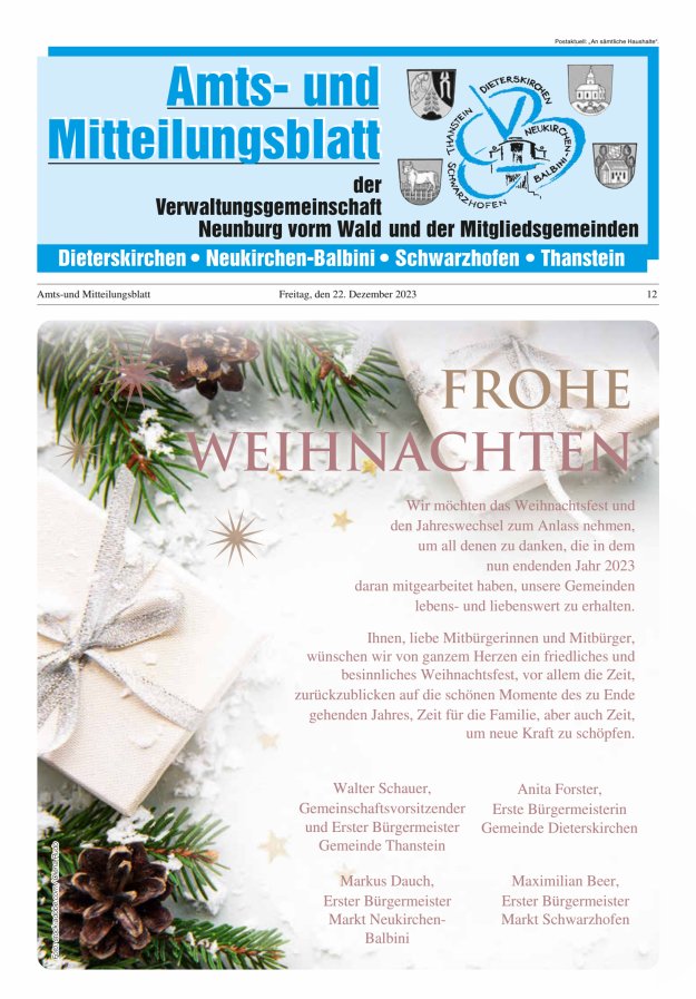 Amts- u Mitteilungsblatt der VG Neunburg vorm Wald u d Mitgliedsgemeinden Titelblatt 12/2023