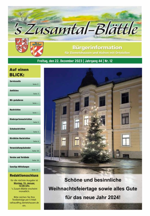 's Zusamtal-Blättle Bürgerinformationen für Ziemetshausen und Aichen mit OTen Titelblatt 12/2023