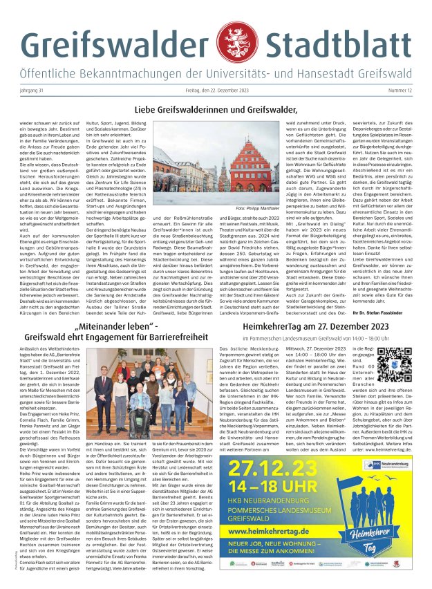 Greifswalder Stadtblatt Titelblatt 12/2023