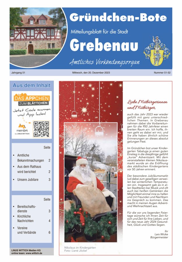 Grebenau - Gründchen Bote - Mitteilungsblatt für die Stadt Grebenau Titelblatt 51/2023