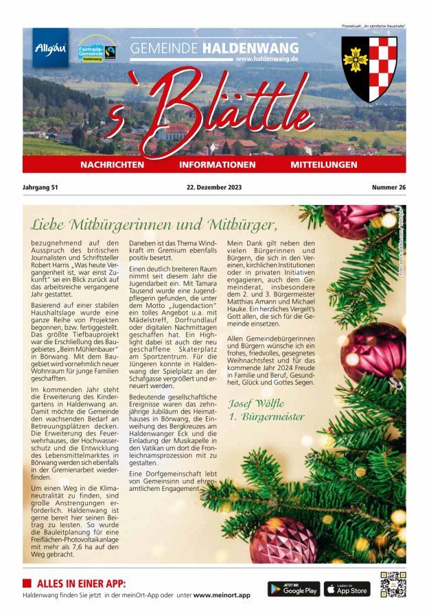sBlättle der Gemeinde Haldenwang Titelblatt 26/2023