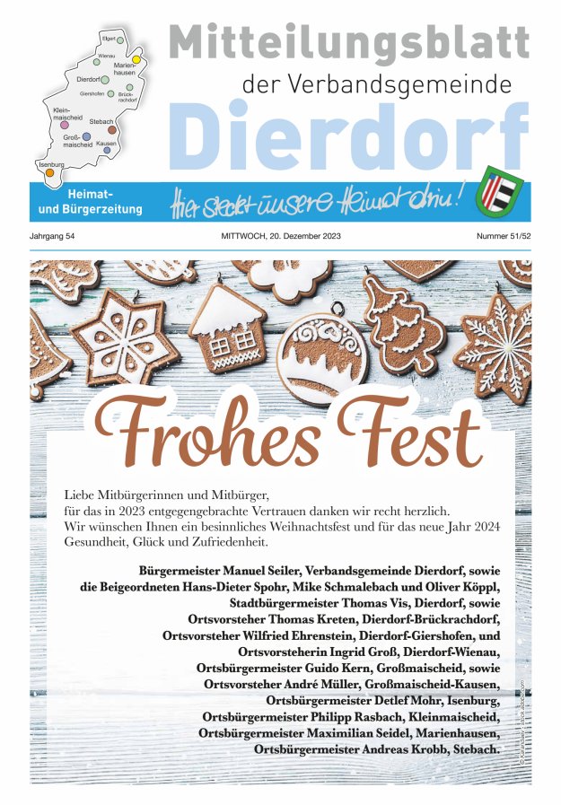 Mitteilungsblatt der Verbandsgemeinde Dierdorf Titelblatt 51/2023