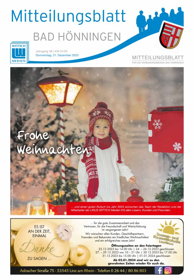 Mitteilungsblatt für den Bereich der Verbandsgemeinde Bad Hönningen Titelblatt 51/2023