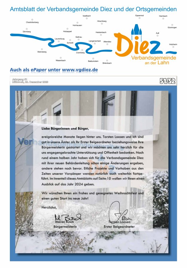 Mitteilungsblatt der Verbandsgemeinde Diez und der Ortsgemeinden Titelblatt 51/2023