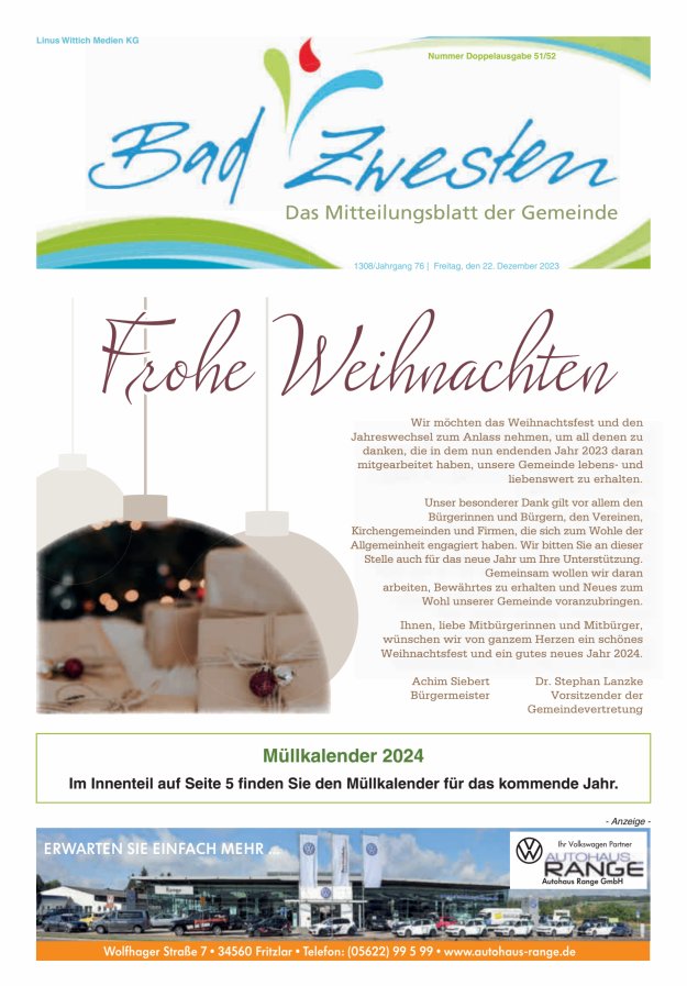 Heimatzeitung Bad Zwesten Titelblatt 51/2023