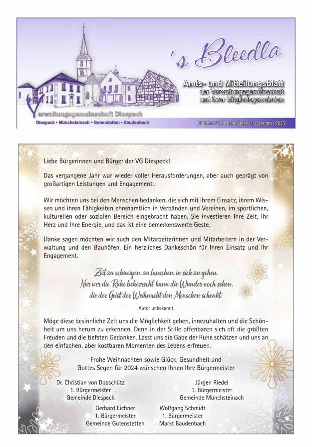 Amts- und Mitteilungsblatt VGem Diespeck Titelblatt 51/2023