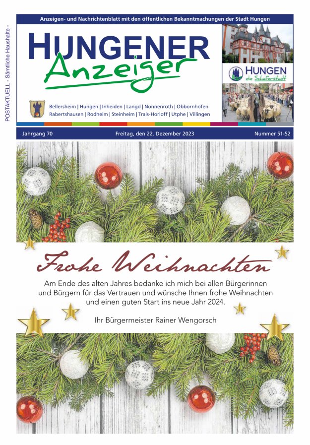 Anzeigen- und Nachrichtenblatt mit den öff  Bekanntmachungen der Stadt Hungen Titelblatt 51/2023