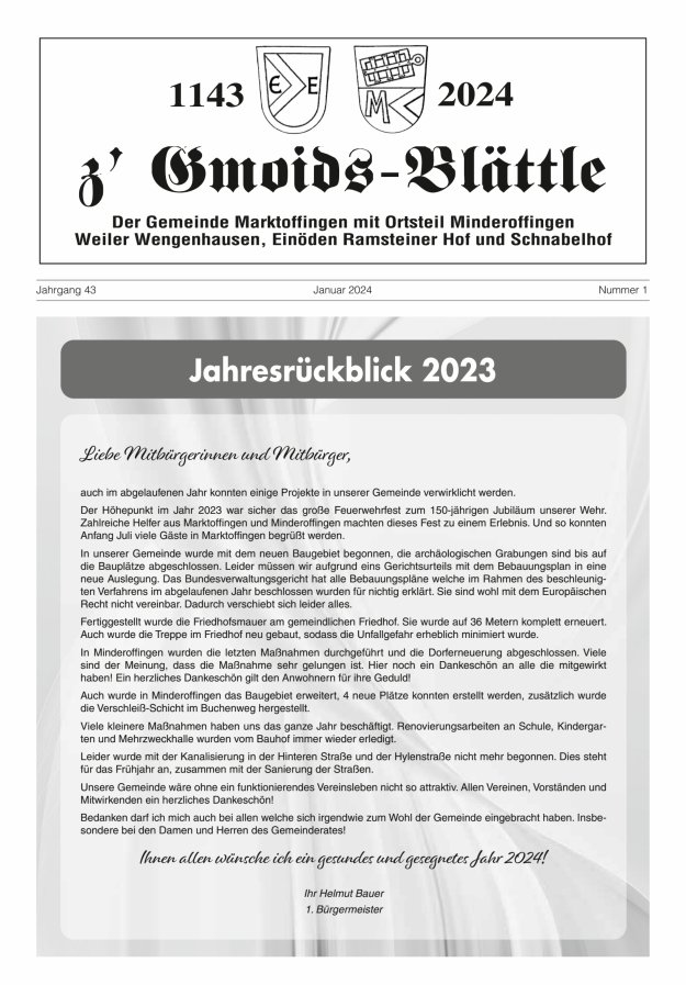 z'Gmoids-Blättle der Gemeinde Marktoffingen mit Ortsteilen Titelblatt 01/2024