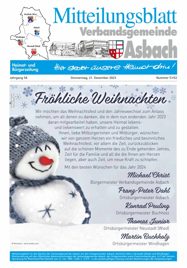 Mitteilungsblatt Verbandsgemeinde Asbach Titelblatt 51/2023