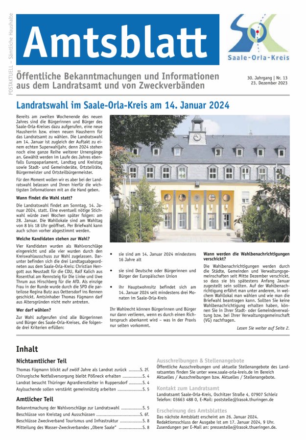 Amtsblatt des Saale-Orla-Kreises Titelblatt 13/2023