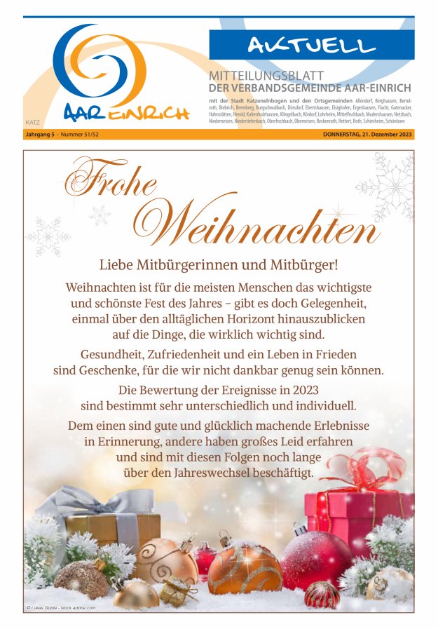 Mitteilungsblatt der Verbandsgemeinde Aar-Einrich Ausgabe Katzenelnbogen Titelblatt 51/2023