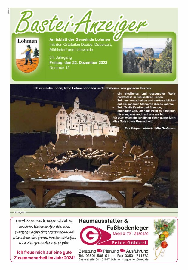 Bastei-Anzeiger - Amtsblatt der Gemeinde Lohmen mit den Ortsteilen Titelblatt 12/2023