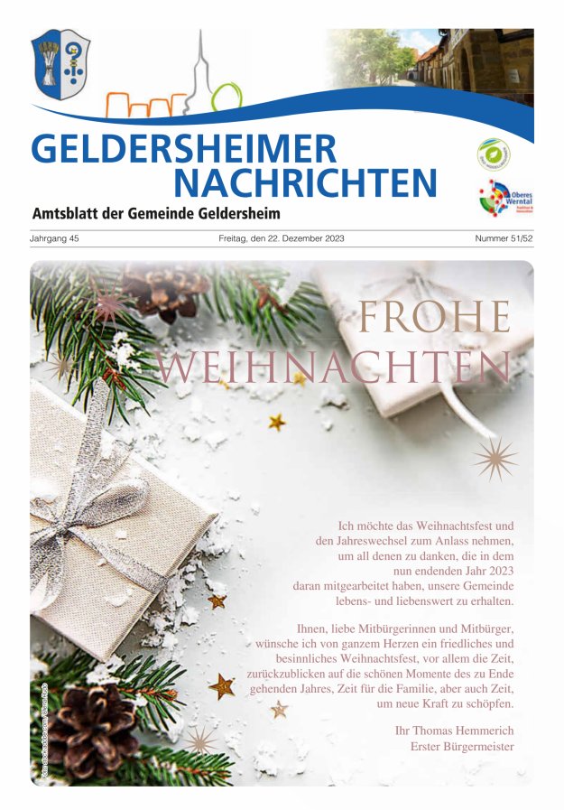 Geldersheimer Nachrichten Amtsblatt der Gemeinde Geldersheim Titelblatt 51/2023