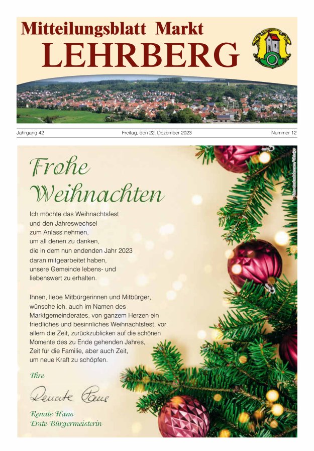 Mitteilungsblatt Markt Lehrberg Titelblatt 12/2023