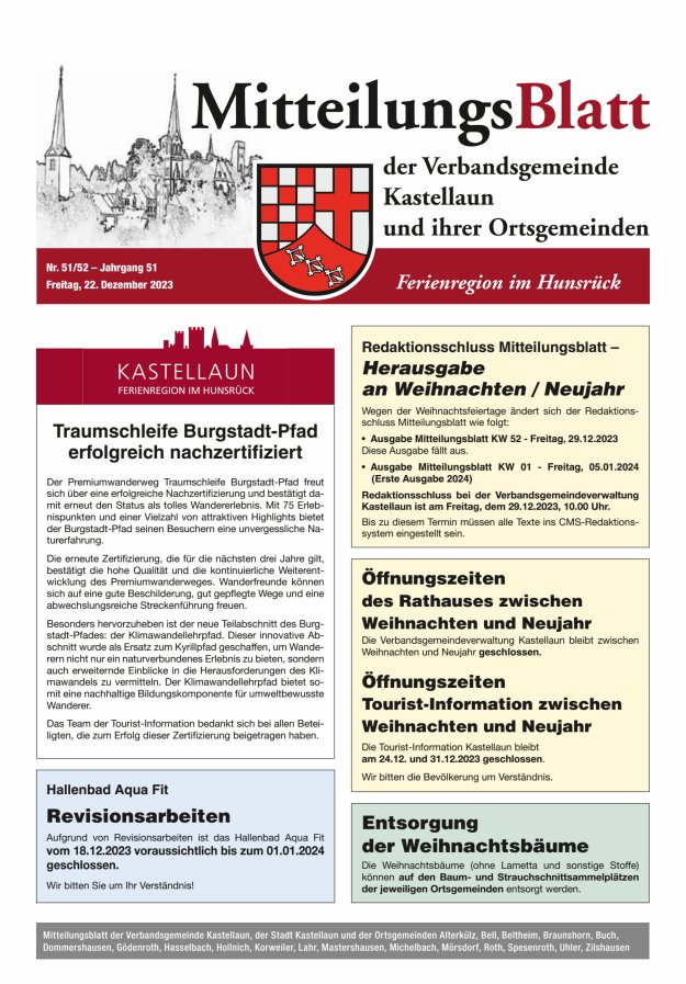 Mitteilungsblatt Kastellaun Titelblatt 51/2023
