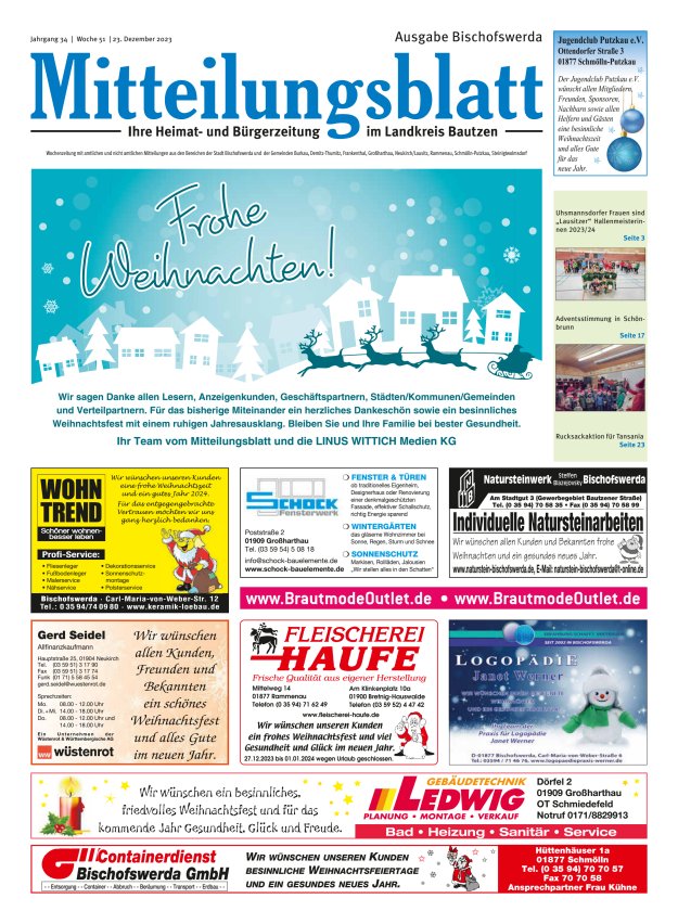 Mitteilungsblatt LK Bautzen Ausgabe Bischofswerda Titelblatt 50/2023