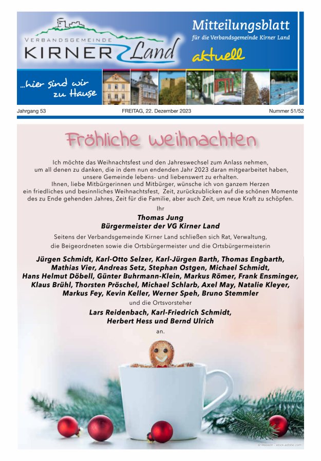 Mitteilungsblatt für den Bereich der Verbandsgemeinde Kirner Land Titelblatt 51/2023