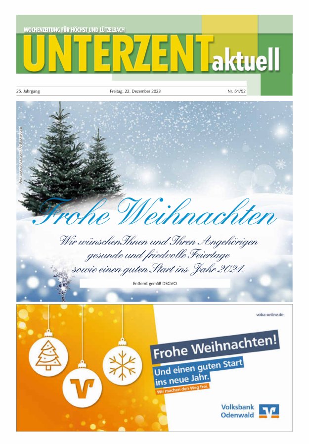 Unterzent aktuell Wochenzeitung für Höchst und Lützelbach Titelblatt 51/2023