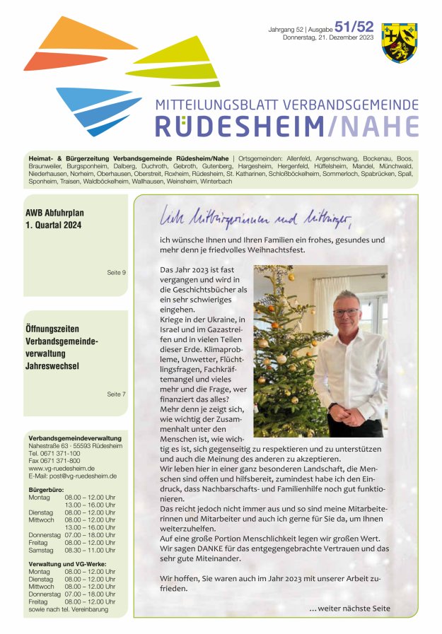 Mitteilungsblatt Verbandsgemeinde Rüdesheim und zugehörige Ortsgemeinden Titelblatt 51/2023