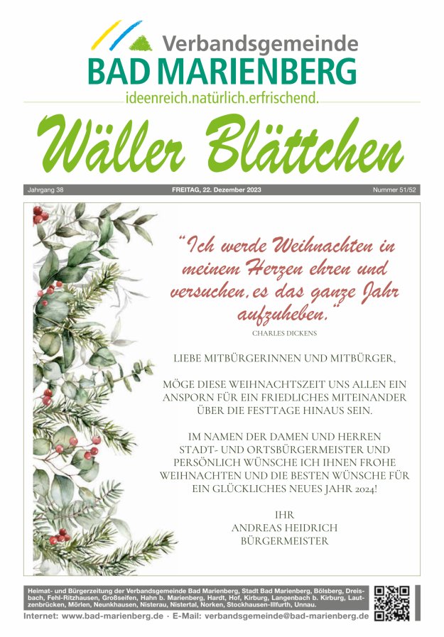 Wäller Blättchen - Verbandsgemeinde Bad Marienberg Titelblatt 51/2023