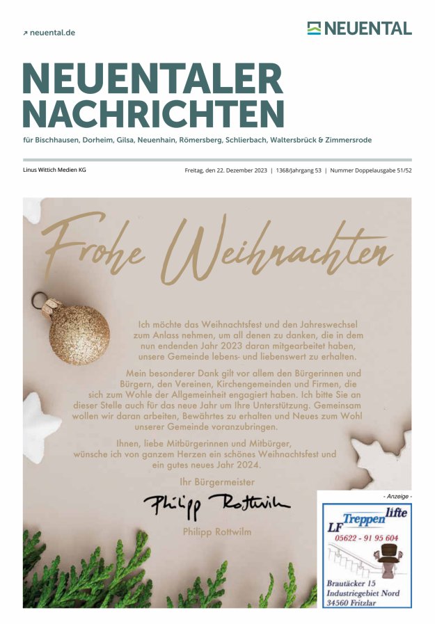Neuentaler Nachrichten Titelblatt 51/2023