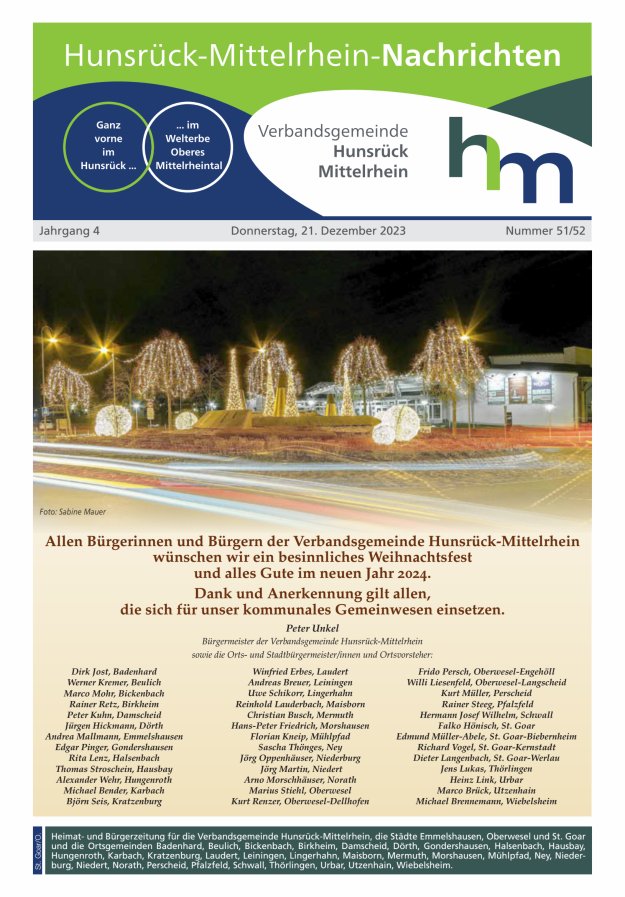 Hunsrück-Mittelrhein Nachrichten Ausgabe St Goar Oberwesel Titelblatt 51/2023