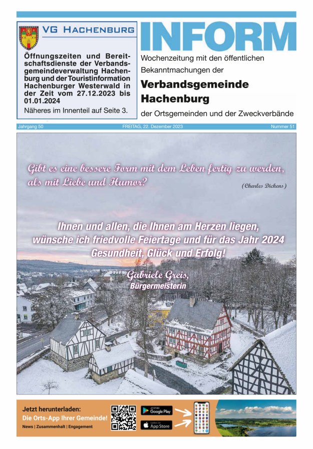 INFORM - Wochenzeitung der Verbandsgemeinde Hachenburg Titelblatt 51/2023