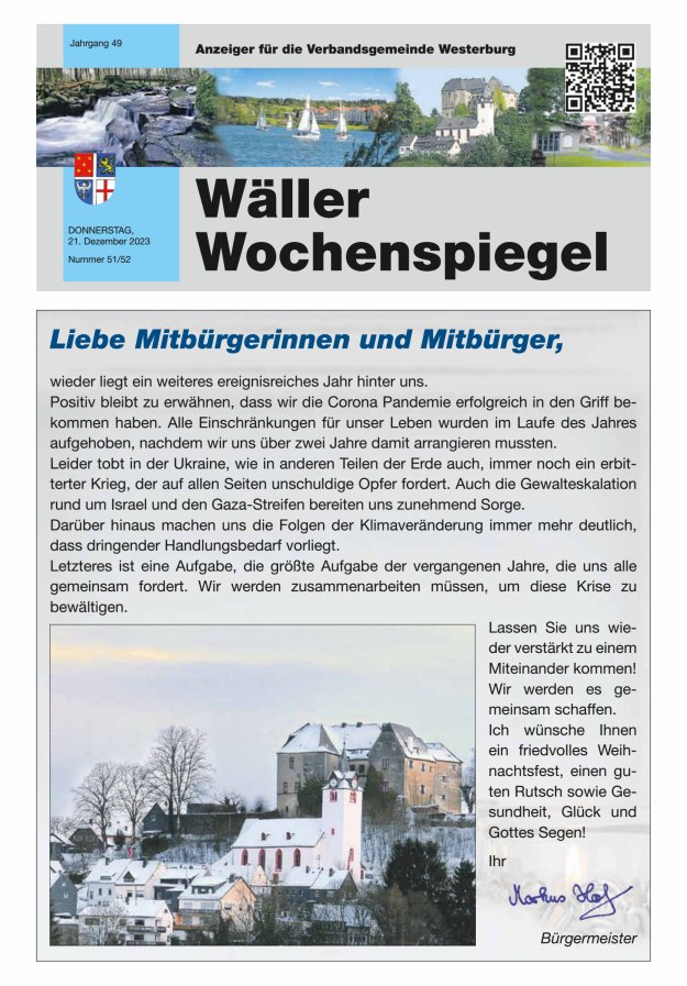 Wäller Wochenspiegel - Anzeiger für die Verbandsgemeinde Westerburg Titelblatt 51/2023