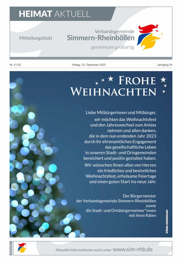Heimat Aktuell Mitteilungsblatt der VG Simmern-Rheinböllen-Ausg Rheinböllen Titelblatt 51/2023