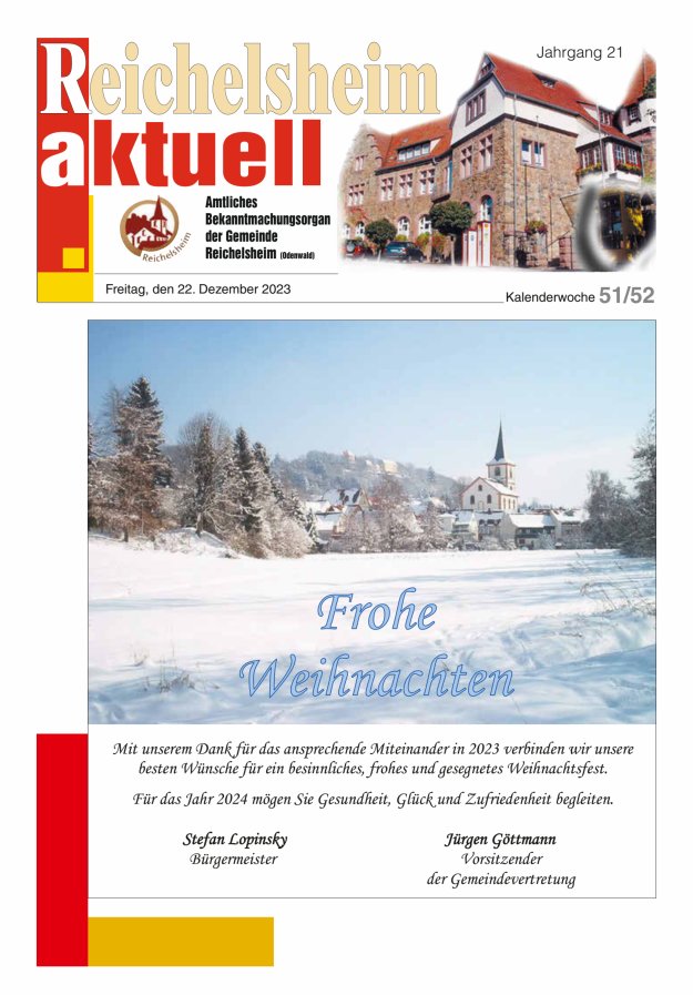 Reichelsheim aktuell - Amtsblatt der Gemeinde Reichelsheim(Odenwald) Titelblatt 51/2023