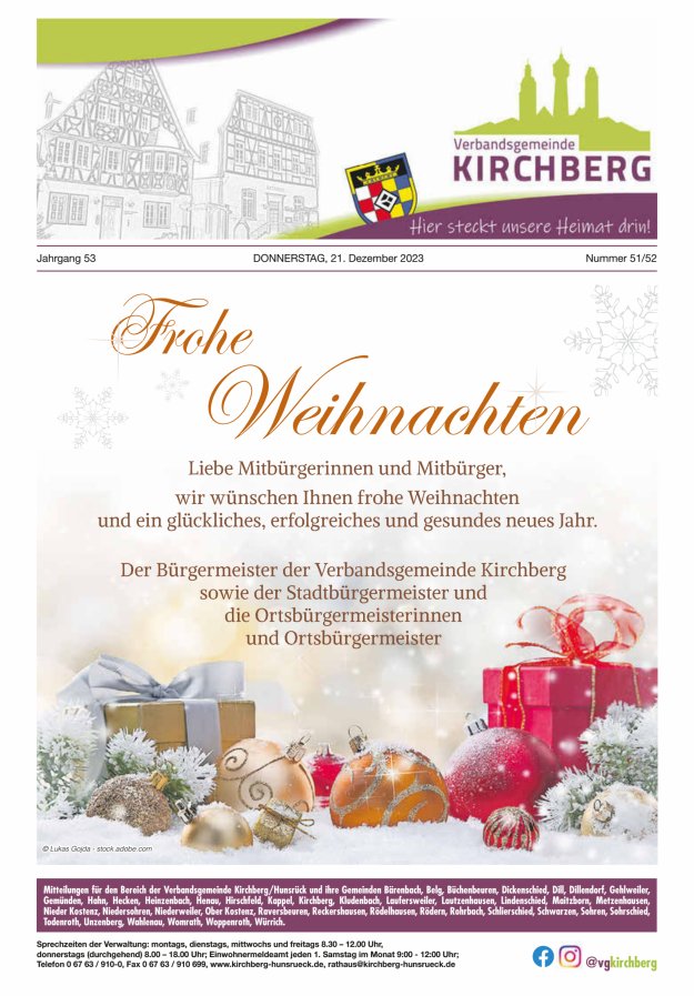 Mitteilungen der Verbandsgemeinde Kirchberg Hunsrück Titelblatt 51/2023