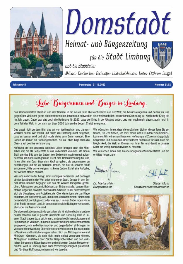 Domstadt - Heimat- und Bürgerzeitung für die Stadt Limburg Titelblatt 51/2023