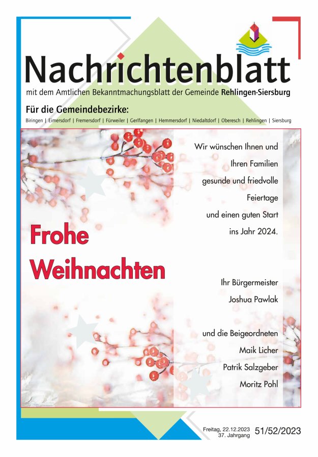 Nachrichtenblatt Rehlingen-Siersburg Titelblatt 51/2023
