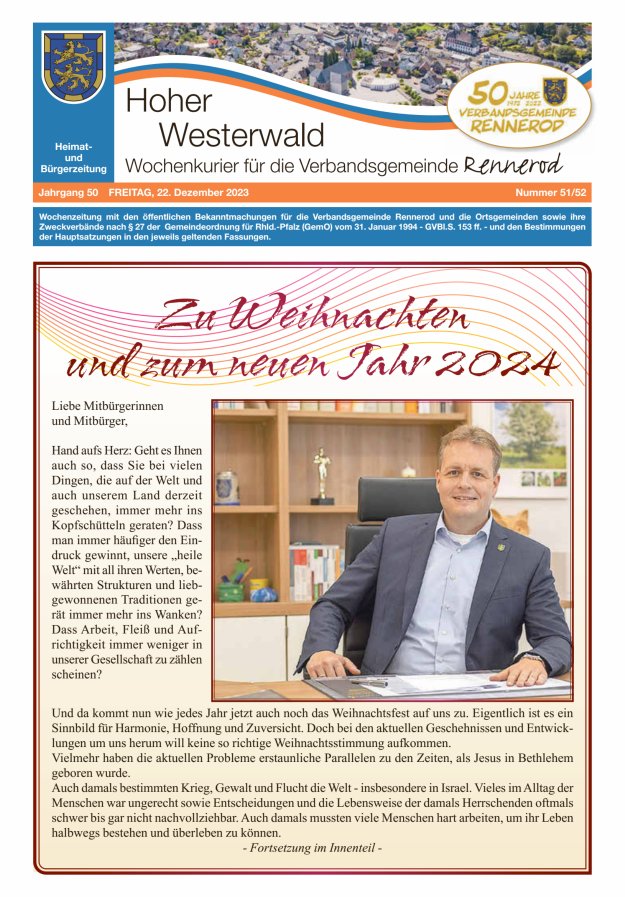 Hoher Westerwald - Wochenkurier für die Verbandsgemeinde Rennerod Titelblatt 51/2023