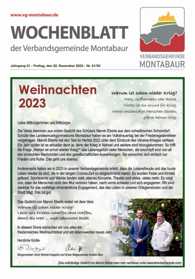 Wochenblatt der Verbandsgemeinde Montabaur Titelblatt 51/2023