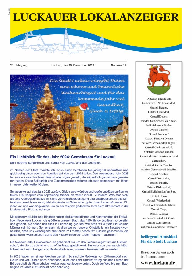 Luckauer Lokalanzeiger (beiliegend Amtsblatt für die Stadt Luckau) Titelblatt 12/2023
