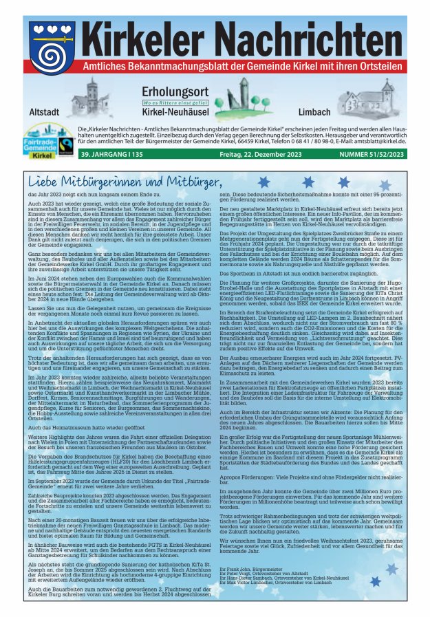 Kirkeler Nachrichten Titelblatt 51/2023