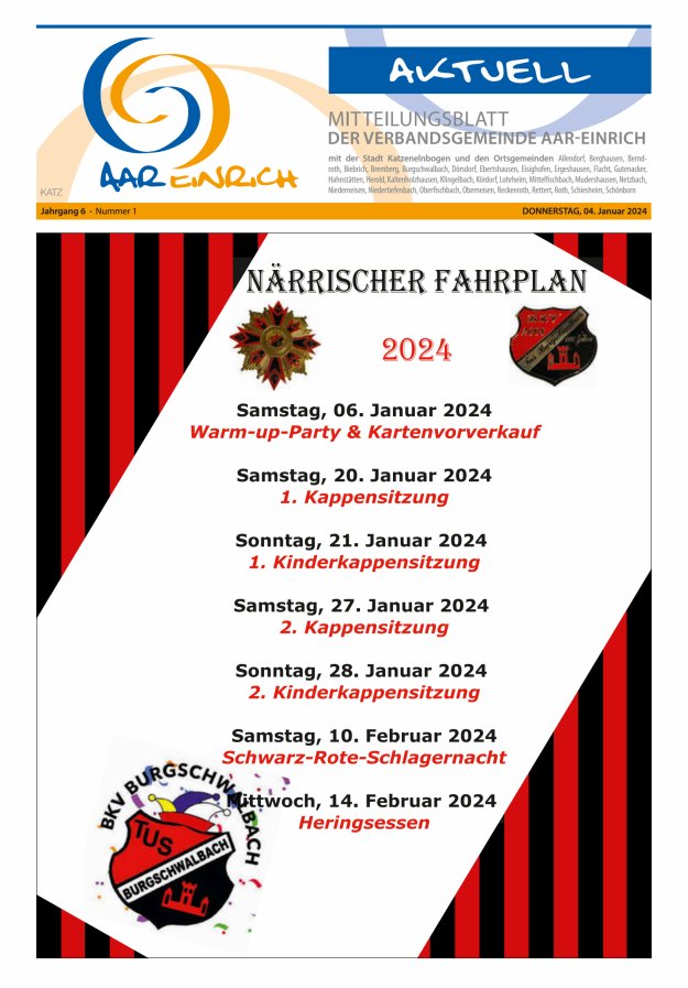 Mitteilungsblatt der Verbandsgemeinde Aar-Einrich Ausgabe Katzenelnbogen Titelblatt 01/2024