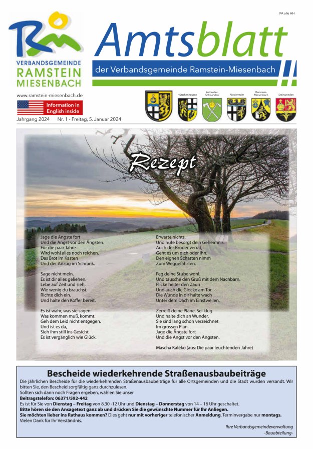 Amtsblatt VG Ramstein-Miesenbach Titelblatt 01/2024