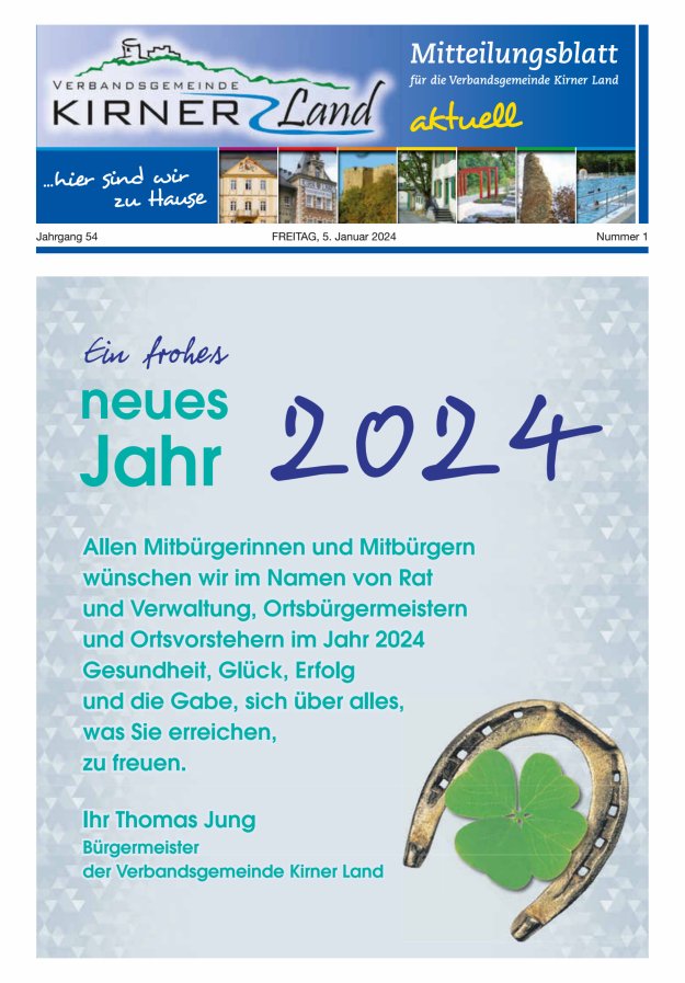 Mitteilungsblatt für den Bereich der Verbandsgemeinde Kirner Land Titelblatt 01/2024