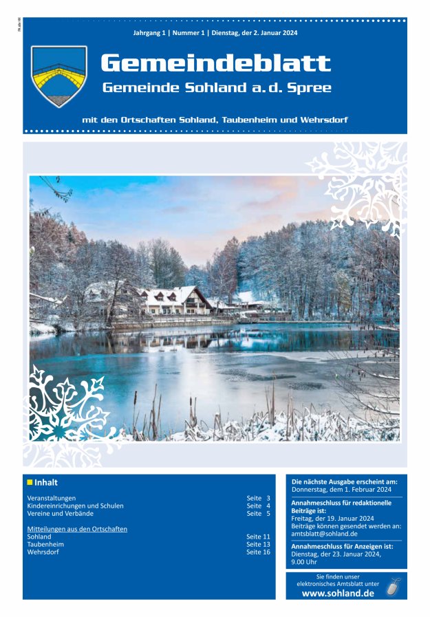 Amtsblatt der Gemeinde Sohland a. d. Spree mit den Ortschaften Sohland, Taubenheim und Wehrsdorf Titelblatt 01/2024