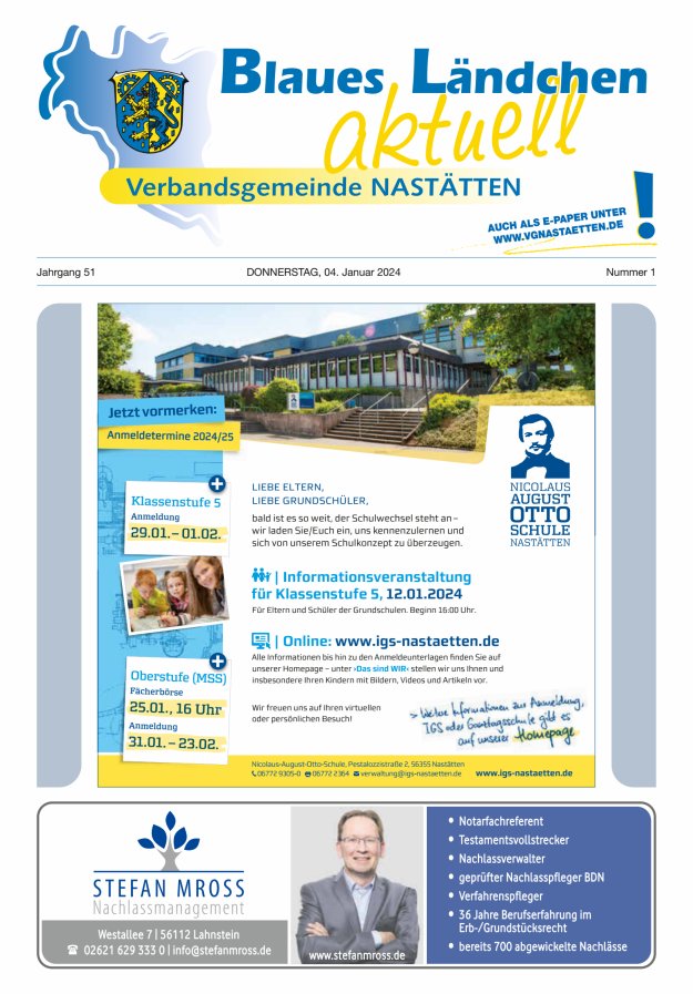 Blaues Ländchen aktuell - Heimat- u Bürgerzeitung VG Nastätten Titelblatt 01/2024